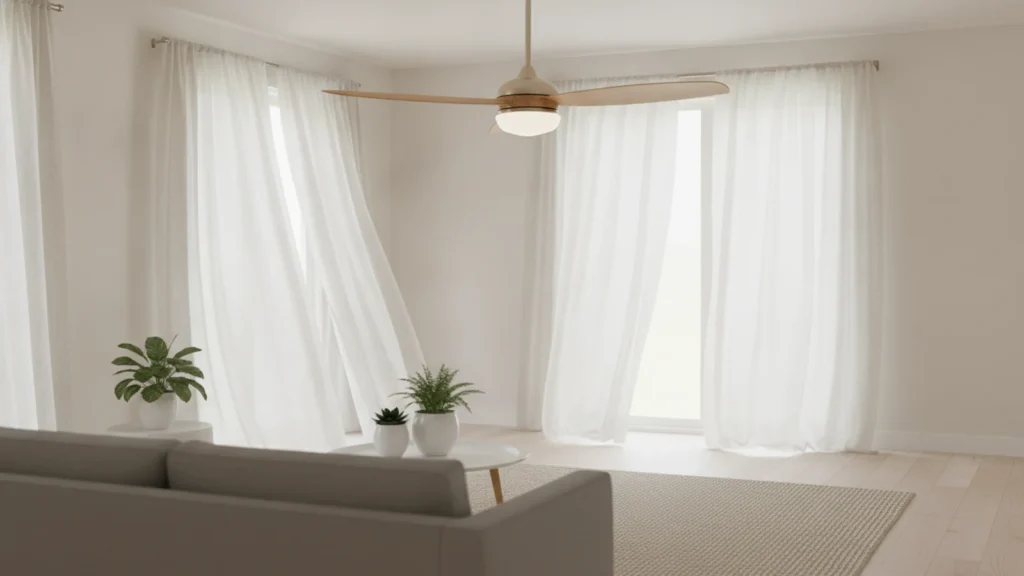 Stropní ventilátor ve světlé místnosti