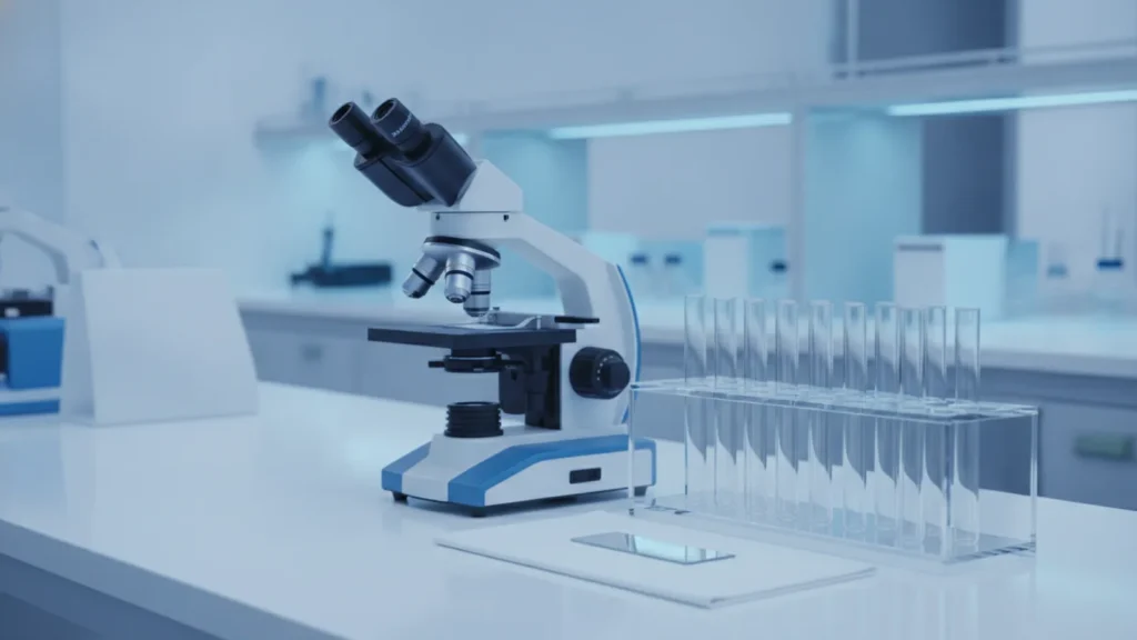Mikroskop a zkumavky v laboratoři