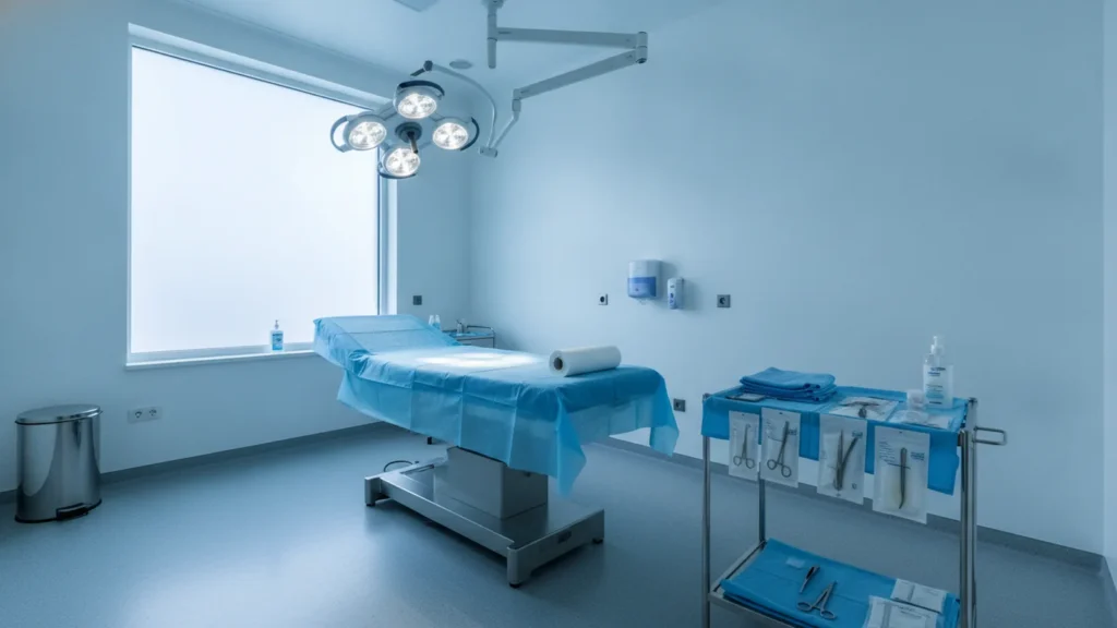 Ambulantní zákrokový sálek s lehátkem a nástroji