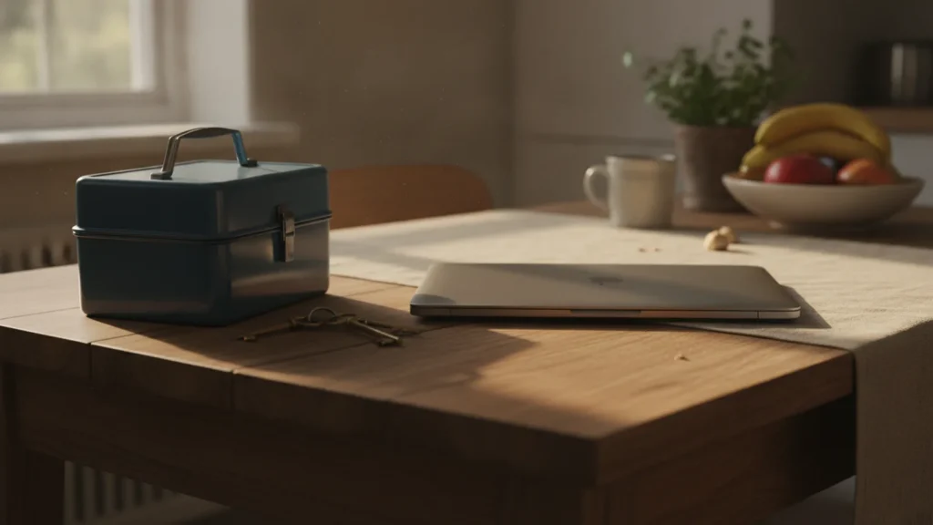 Zavřený notebook a klíče na kuchyňském stole