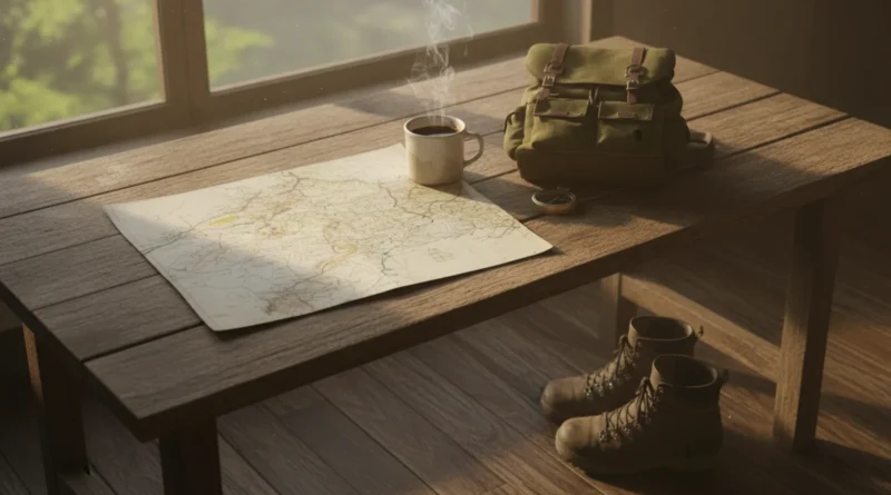Mapa, káva, batoh a boty na dřevěném stole