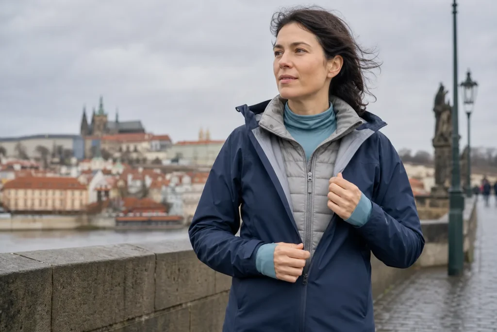 Žena ve městě upravuje tři vrstvy oblečení tvořené tenkým základem, izolací a nepromokavou bundou