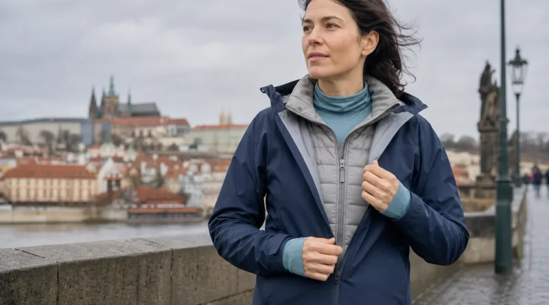Žena ve městě upravuje tři vrstvy oblečení tvořené tenkým základem, izolací a nepromokavou bundou