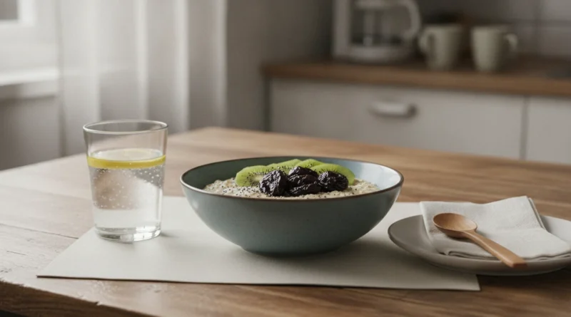 Miska ovesné kaše se sušenými švestkami a kiwi vedle sklenice vody