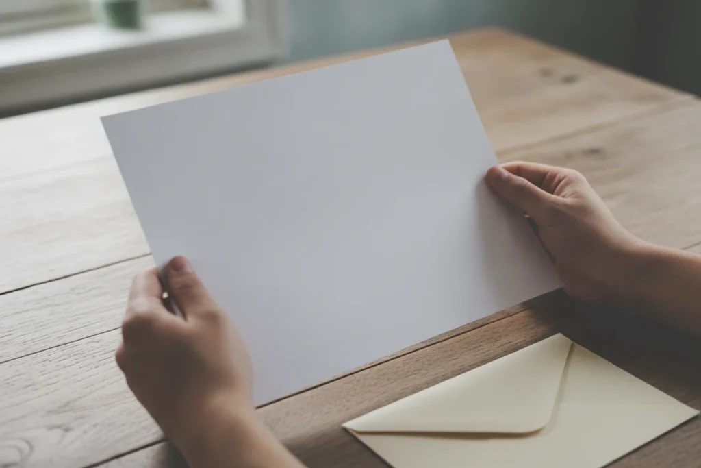 Ruce držící list papíru nad stolem s obálkou