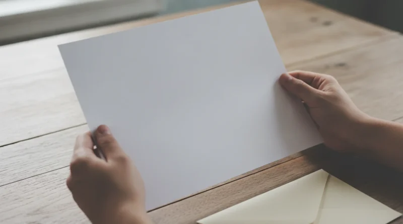 Ruce držící list papíru nad stolem s obálkou