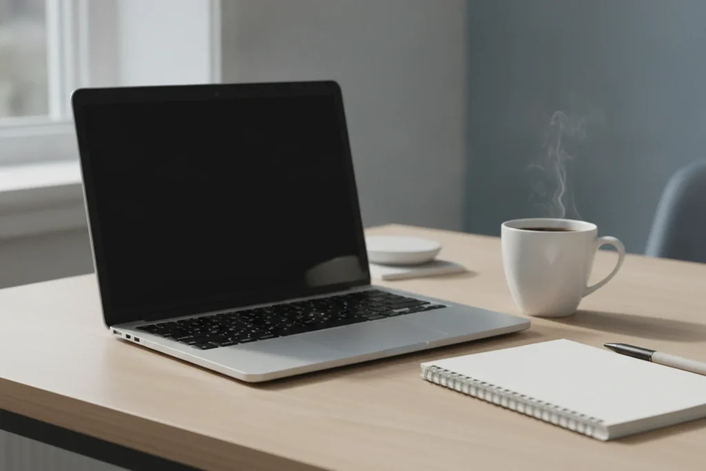 Notebook a šálek kávy při vyřizování na dálku