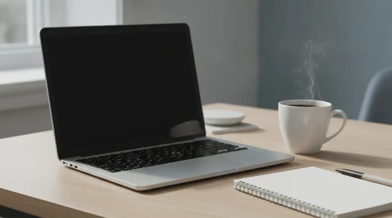 Notebook a šálek kávy při vyřizování na dálku