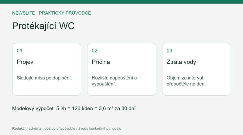 Protékající WC: Projev – Sledujte mísu po doplnění.; Příčina – Rozlište napouštění a vypouštění.; Ztráta vody – Objem za interval přepočtěte na den.