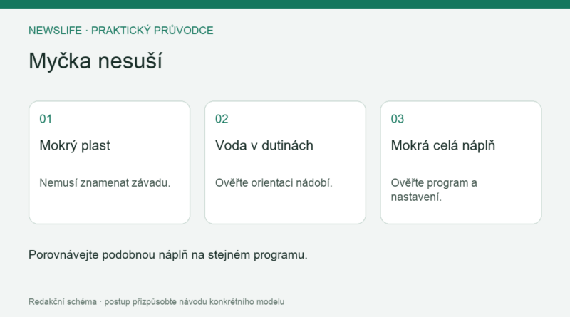 Myčka nesuší: Mokrý plast – Nemusí znamenat závadu.; Voda v dutinách – Ověřte orientaci nádobí.; Mokrá celá náplň – Ověřte program a nastavení.
