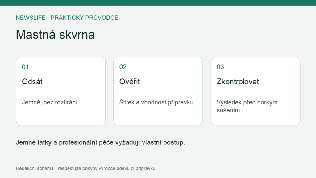 Mastná skvrna: Odsát – Jemně, bez roztírání.; Ověřit – Štítek a vhodnost přípravku.; Zkontrolovat – Výsledek před horkým sušením.