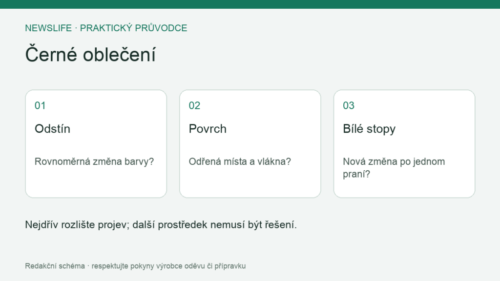 Černé oblečení: Odstín – Rovnoměrná změna barvy?; Povrch – Odřená místa a vlákna?; Bílé stopy – Nová změna po jednom praní?