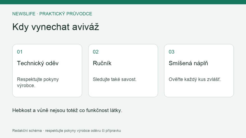 Kdy vynechat aviváž: Technický oděv – Respektujte pokyny výrobce.; Ručník – Sledujte také savost.; Smíšená náplň – Ověřte každý kus zvlášť.