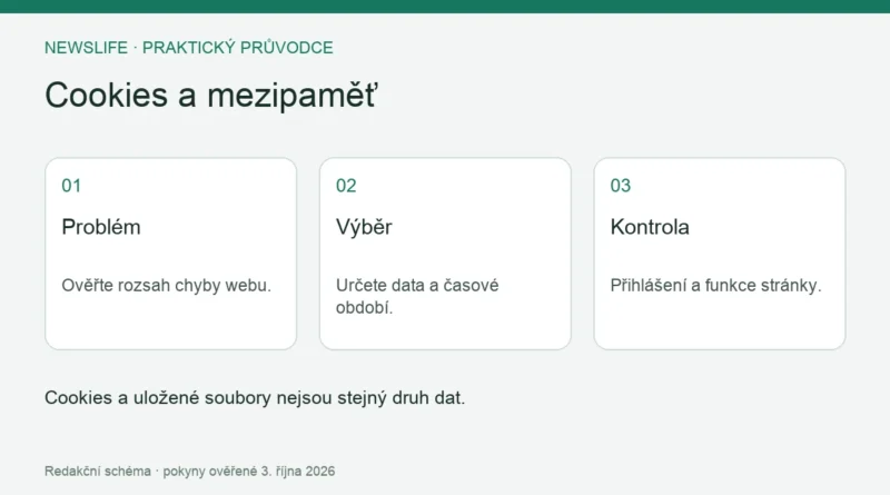 Cookies a mezipaměť: Problém – Ověřte rozsah chyby webu.; Výběr – Určete data a časové období.; Kontrola – Přihlášení a funkce stránky.