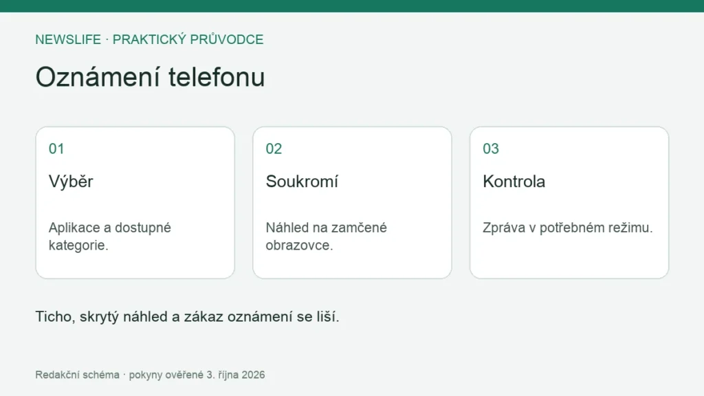 Oznámení telefonu: Výběr – Aplikace a dostupné kategorie.; Soukromí – Náhled na zamčené obrazovce.; Kontrola – Zpráva v potřebném režimu.