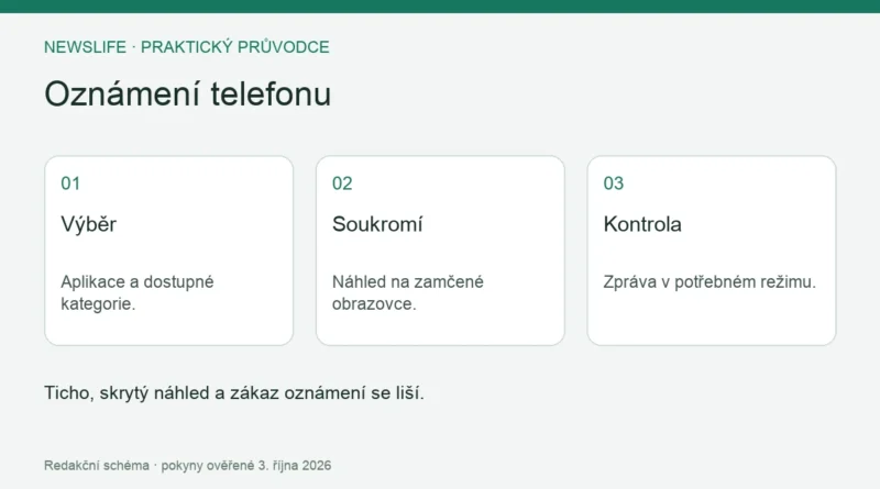 Oznámení telefonu: Výběr – Aplikace a dostupné kategorie.; Soukromí – Náhled na zamčené obrazovce.; Kontrola – Zpráva v potřebném režimu.
