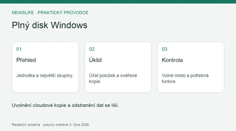 Plný disk Windows: Přehled – Jednotka a největší skupiny.; Úklid – Účel položek a ověřené kopie.; Kontrola – Volné místo a potřebná funkce.