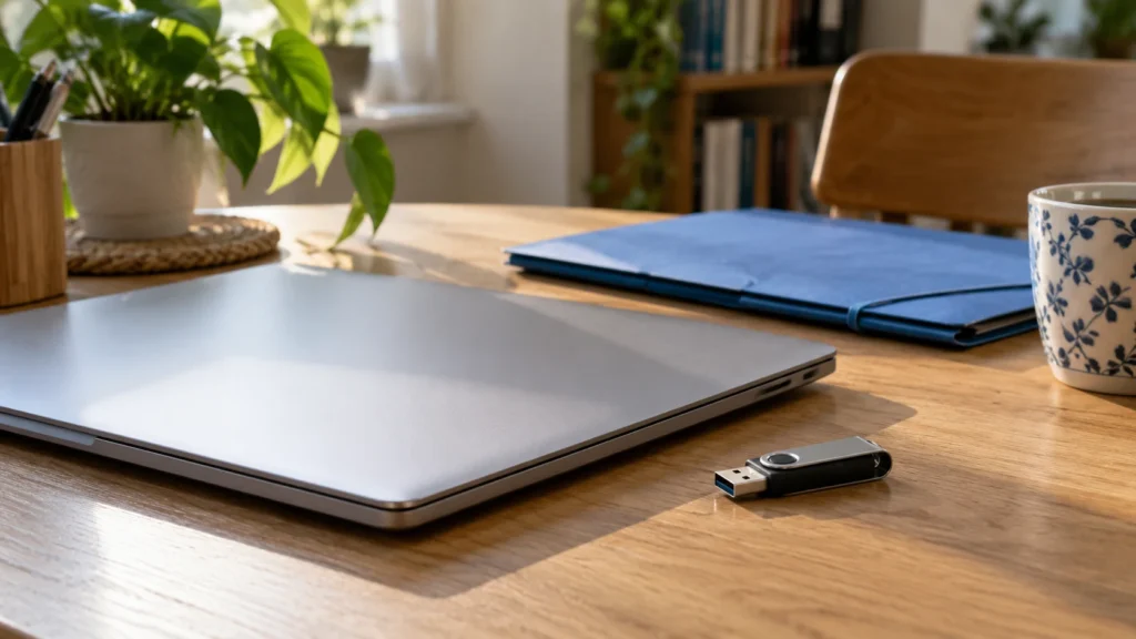 Zavřený notebook vedle USB flash disku a modré složky na dřevěném stole
