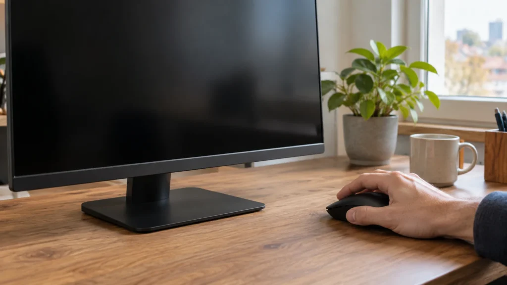 Ruka na počítačové myši vedle vypnutého monitoru