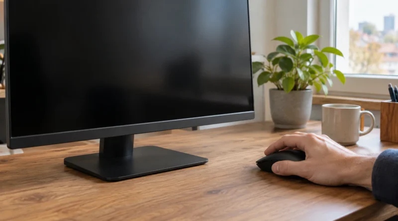 Ruka na počítačové myši vedle vypnutého monitoru
