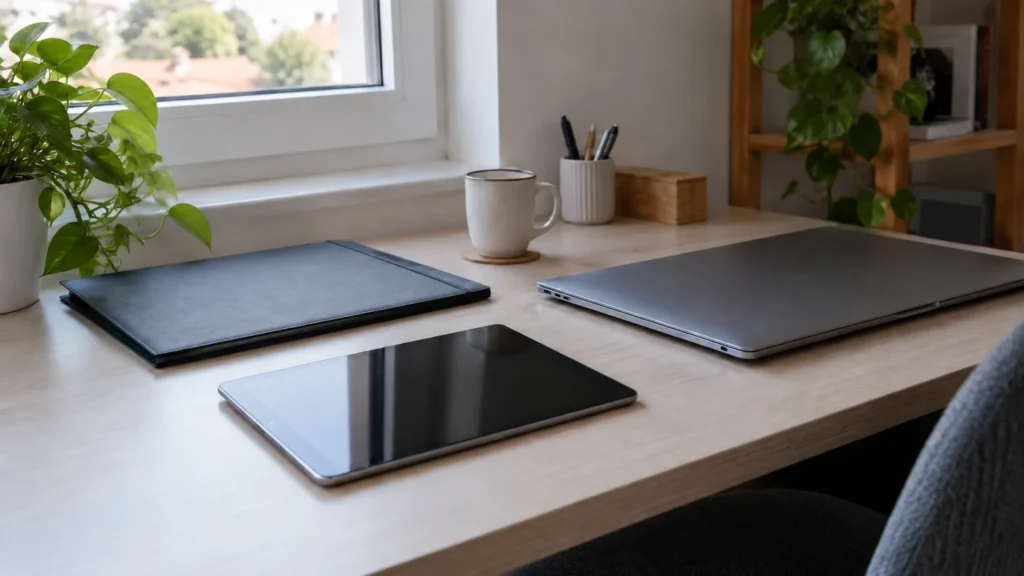 Tablet s vypnutou obrazovkou vedle zavřeného notebooku a složky