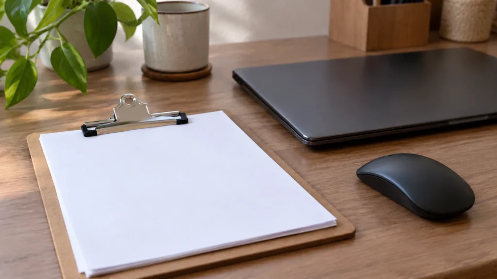 Psací podložka s prázdnými listy vedle myši a zavřeného notebooku