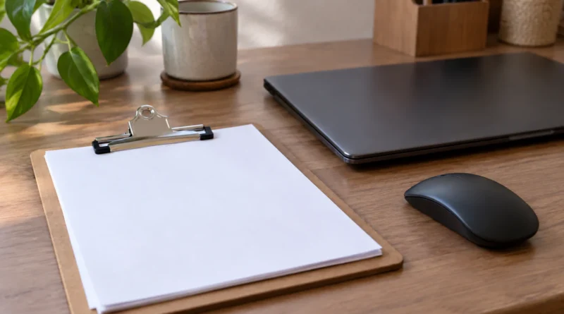 Psací podložka s prázdnými listy vedle myši a zavřeného notebooku