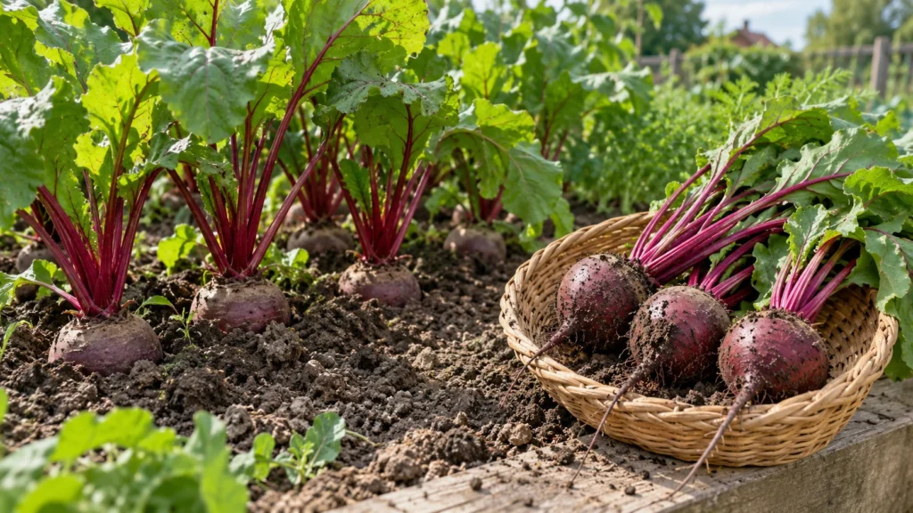 Červená řepa v záhonu a čerstvě vyjmuté bulvy s natí v košíku