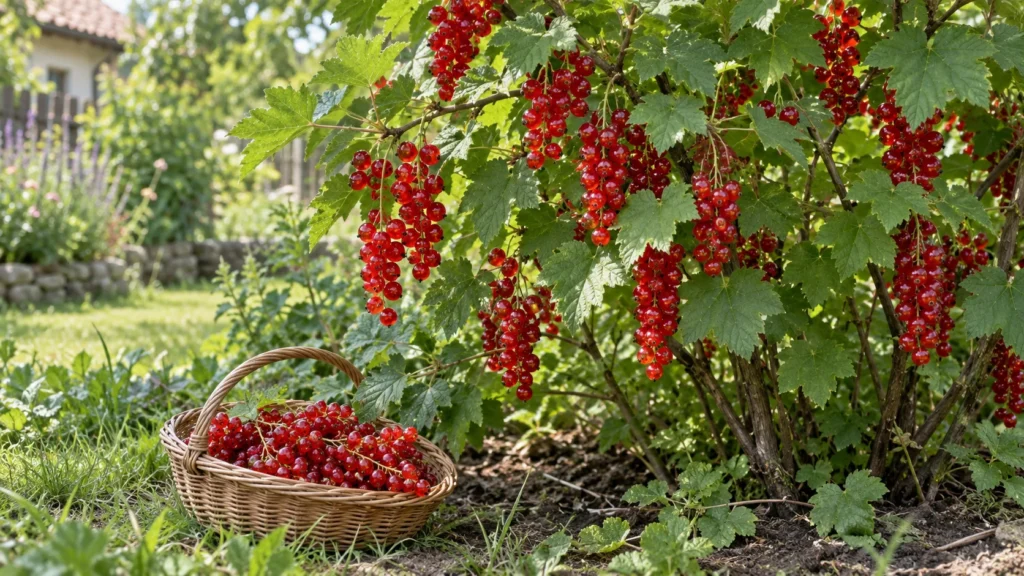 Červený rybíz s hrozny bobulí na keři a v mělkém košíku